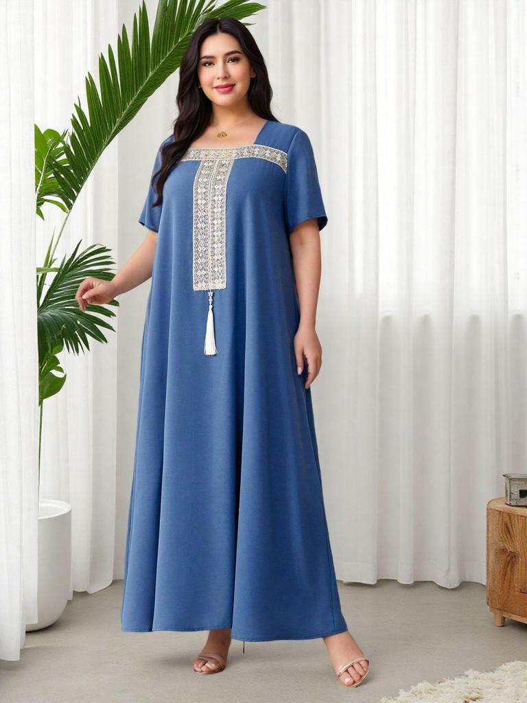 Middle Eastern Dubai-Inspired Plus Size Ribbon Tassel Dress - Short Sleeve, Square Neck, Loose Fit
