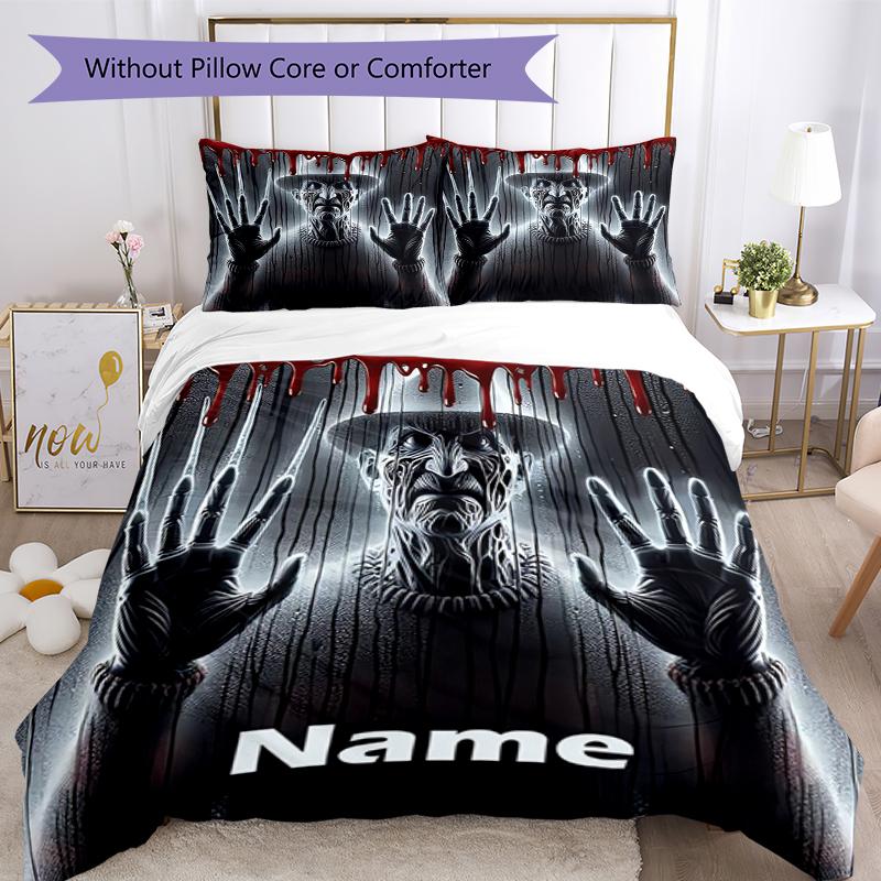 3pcs Custom Name Halloween horror Bedding Set Duvet Cover Closure Includes 1 Duvet Cover & 2 Pillowcases, Soft and Comfortable for All Seasons.