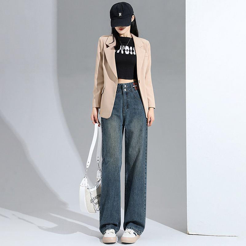 Retro High-Waisted Slimming Straight-Leg Women's Jeans - Spring/Autumn 2025, Loose Wide-Leg Design, Versatile Fit