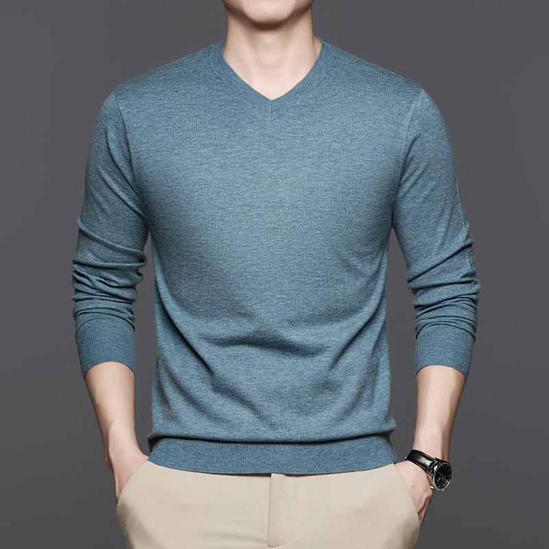 Men's Autumn and Winter Middle-aged Men's Dad Wear V-neck Versatile Solid-color Knitted Sweater Bottoming Shirt