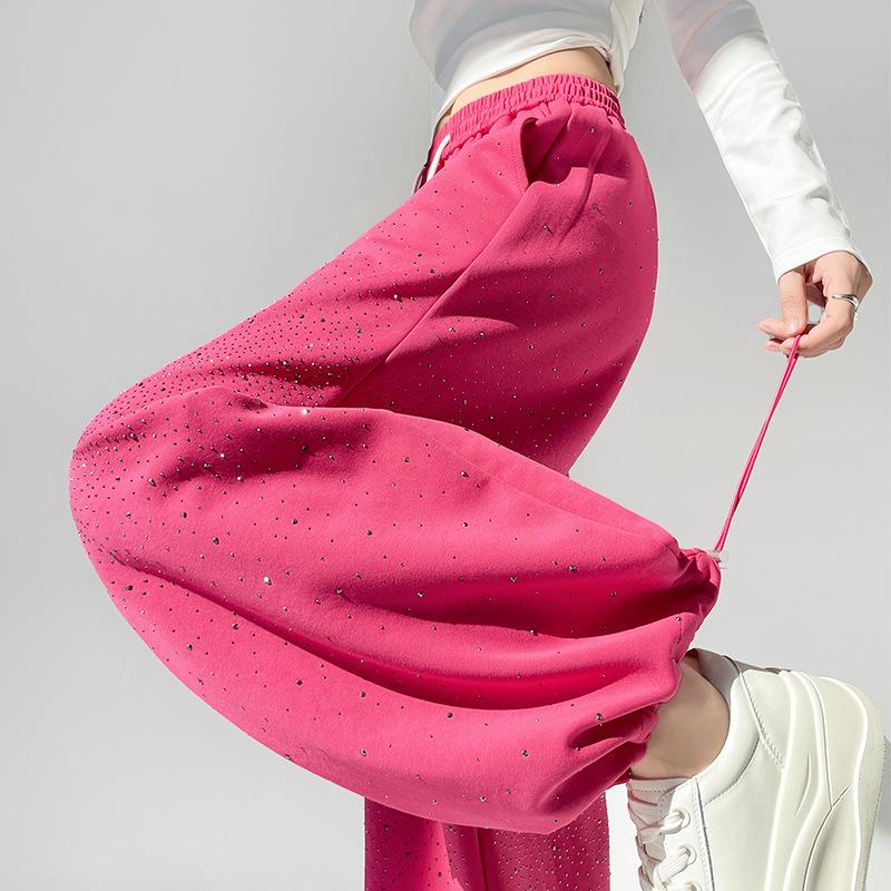 Pantalon de survêtement décontracté large à jambes évasées pour femme, résistant, avec strass, pour le printemps et l'automne
