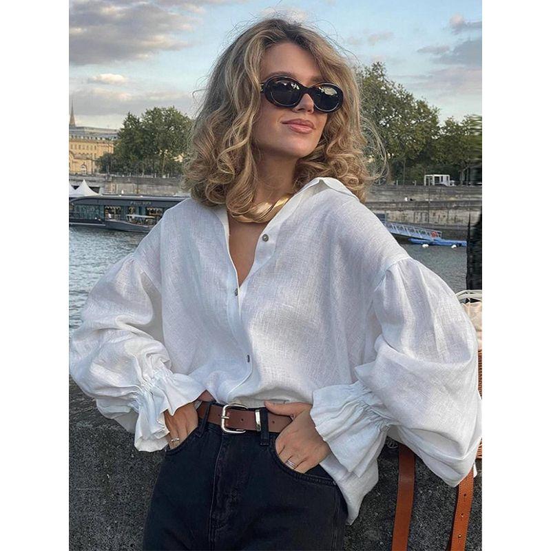 French style Loose Casual Lapel Lantern Sleeve Long sleeve White Simple Shirts Top Women's Shirt Top