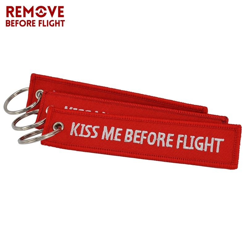 Kiss Me Before Flight Key Chain Red Embroidery Key Ring Keychains