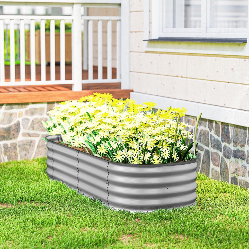 Galvanised Raised Garden Bed Metal Planter Box With Safety Edging For Flowers Herbs Succulents Silver