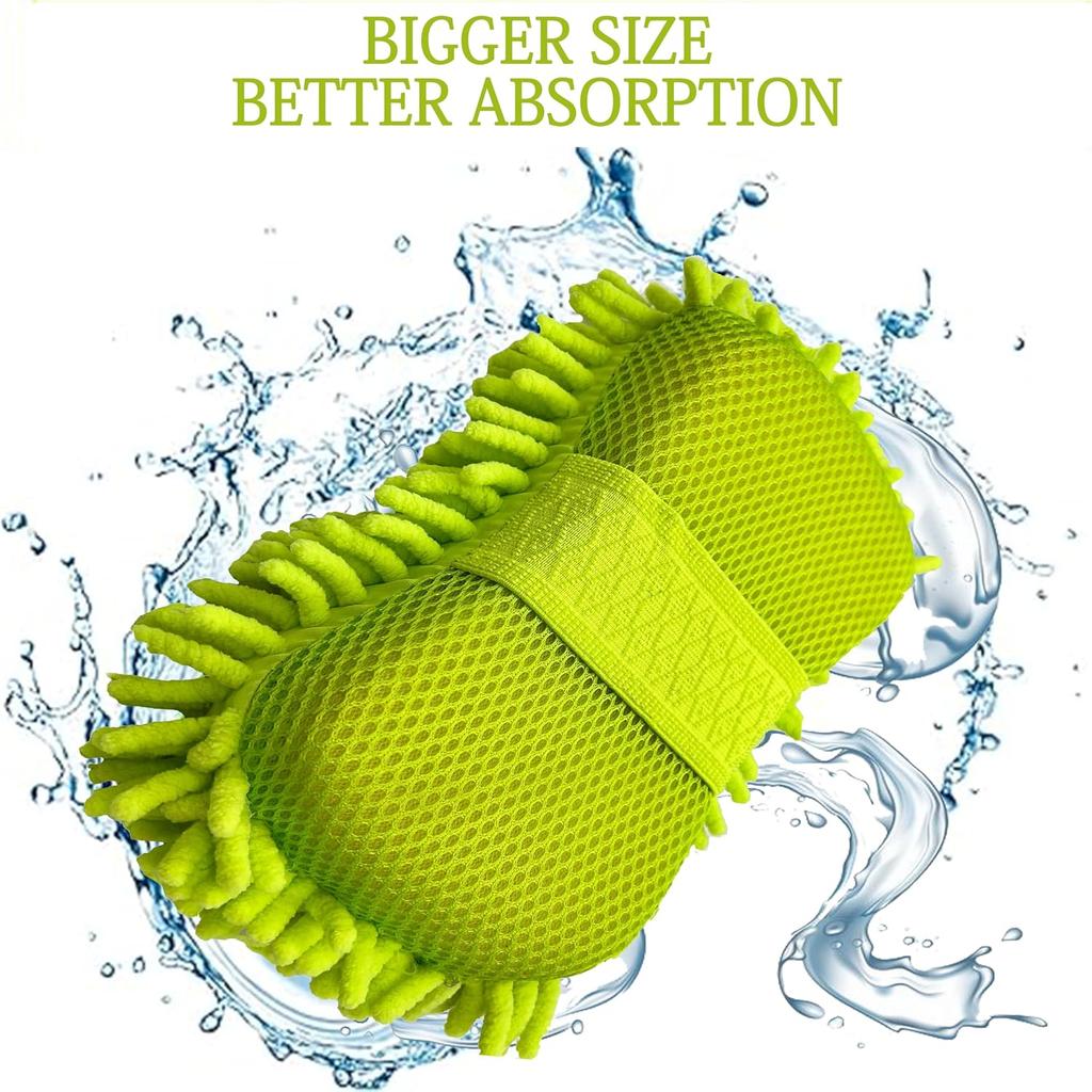 Microfiber Car Wash Sponge-Non-Scratch Wash Mitt-Two Sided Chenille Microfiber Washing Sponge-Mitt For Cars, Trucks, SUVs, Boats(2 Pack Green)