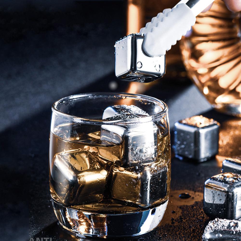 4-teiliges Set aus Edelstahl-Eiswürfeln, wiederverwendbare Kühlsteine für Whisky, Wein, Weinkühlungswürfel, Chilling Rock, Party-Bar-Tool