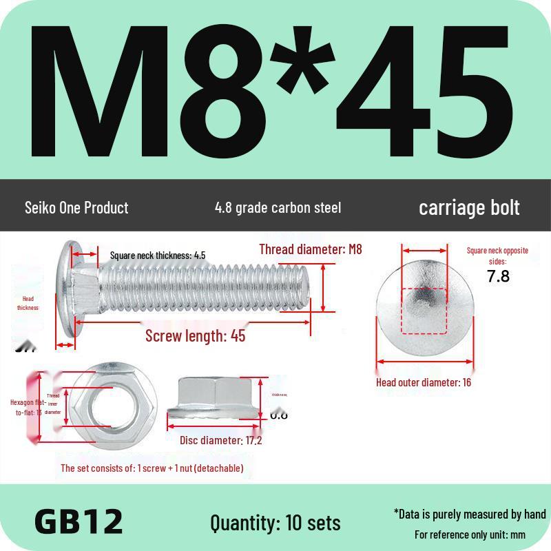 Special Galvanized Carriage Bolt Set with Semicircular Head and Square Neck, Including M4-M12 Screws and Nuts for Cable Tray Connection.