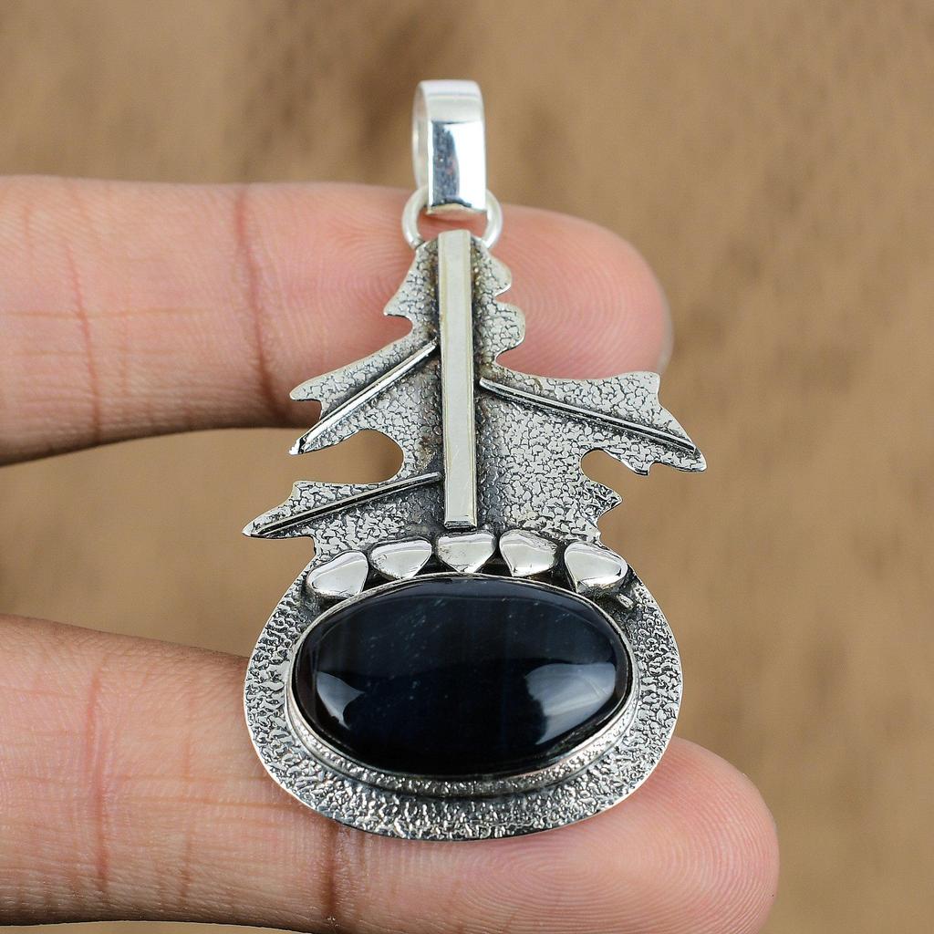 Natural Blue Tiger Eye Gemstone Jewelry 925 Sterling Silver Pendant For Women