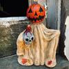 Halloween Pumpkin Statue Spooky Ghost Pumpkin Holding Skull Figurine Resin Gothic Decoration for Indoor Outdoor Home Tabletop Garden Decor
