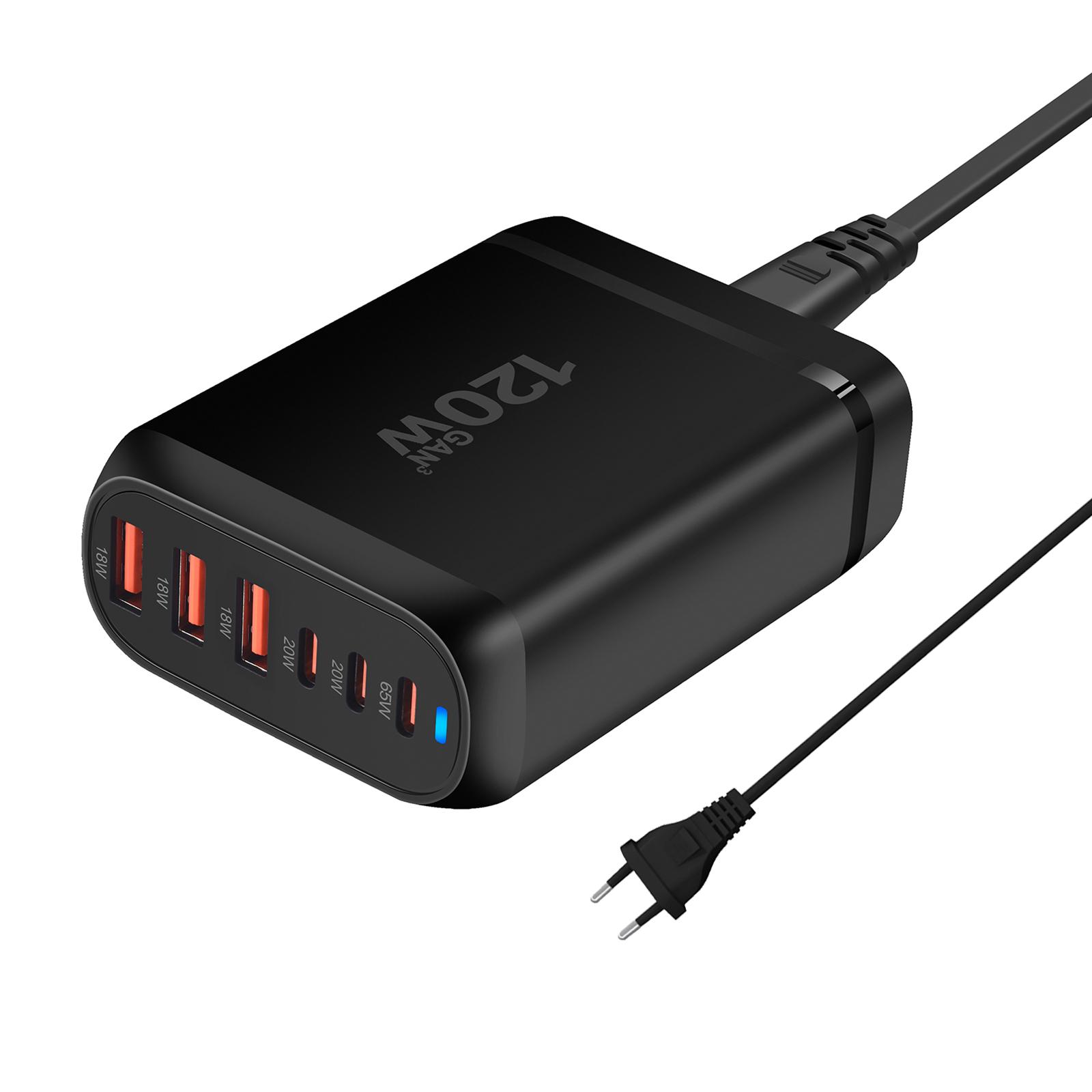 

Powerful 120W Multiple Device Charging with 3 USB & 3 Type C Port Fast Charging for Electronics чёрный