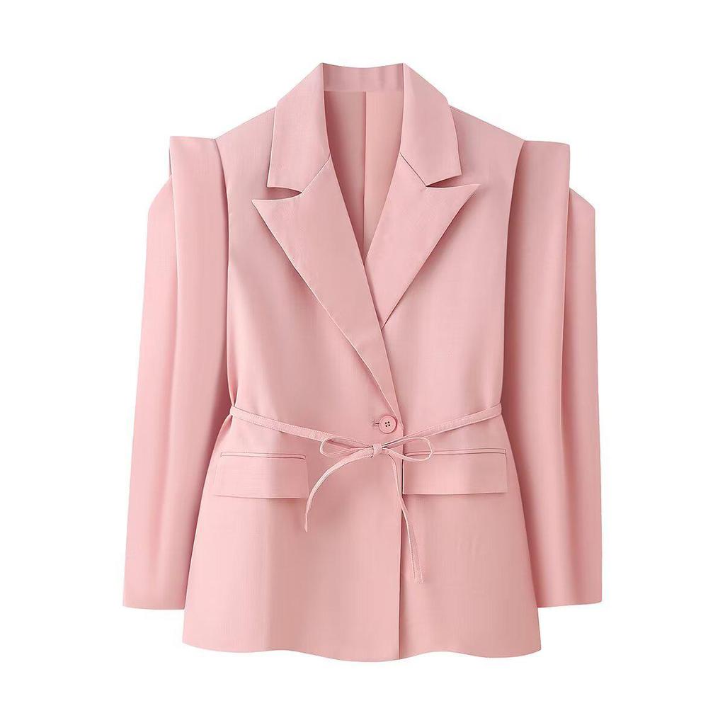 Women's Fashion Padded Shoulder Suit Jacket with Tie-Waist
