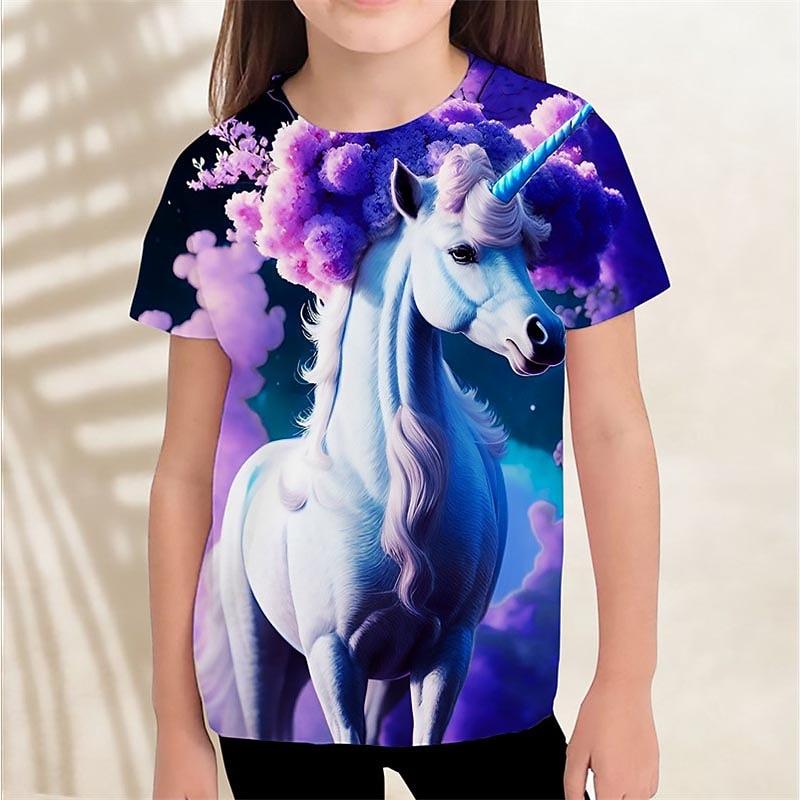 Girls' 3D Graphic Unicorn Cloud T shirt Tee Short Sleeve Summer Spring Active Fashion Cute Kids