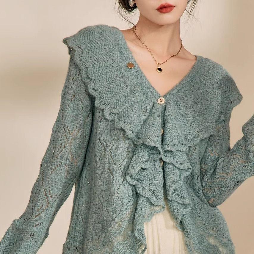 French Retro Hollow Out Knit Cardigan Women's Spring Autumn Unique Design Niche Loose Lazy Style Sweater