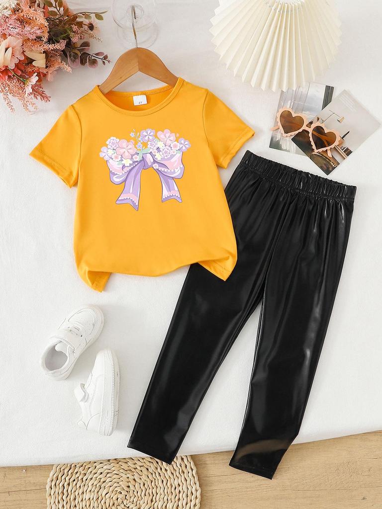 Summer Girls' Two-Piece Set: Fashionable Printed Short Sleeve Top & Long Pants