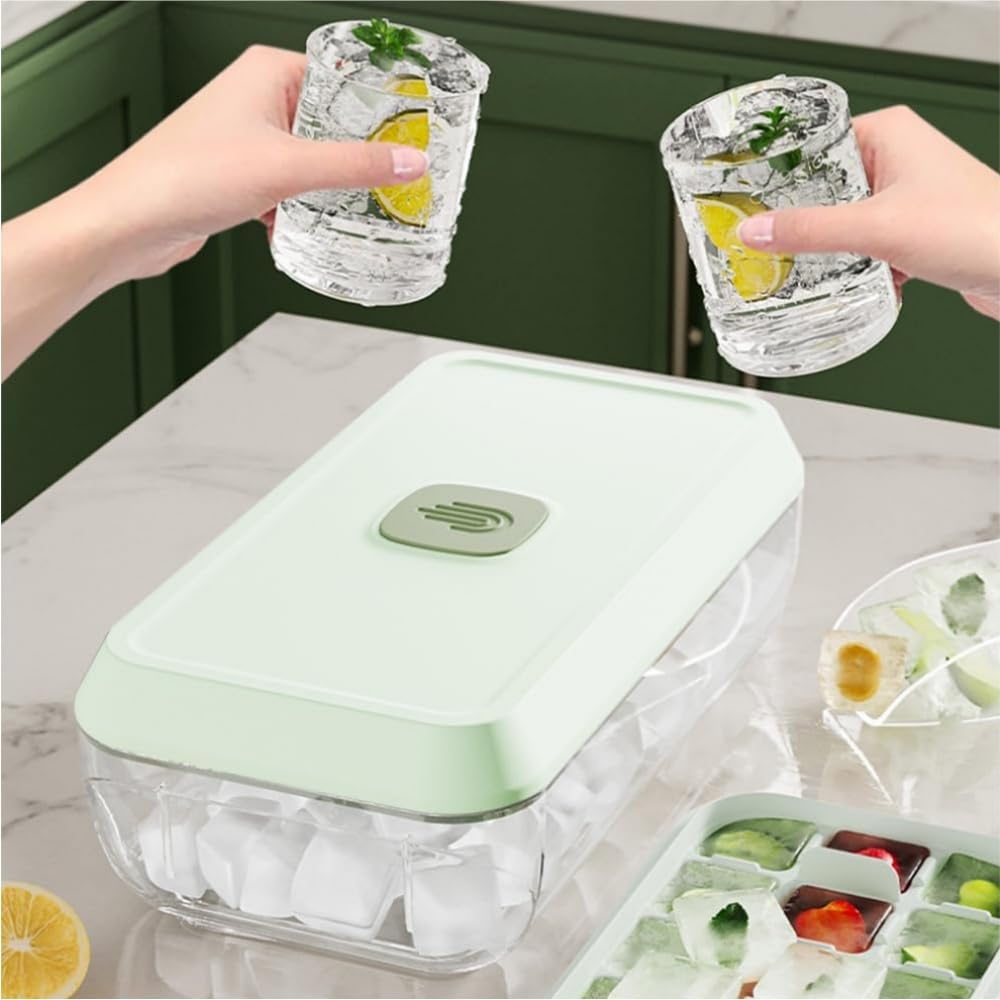 Silicone Ice Maker with 18 Square Ice Easy Ice Large for Home Includes Shovel Lid, Cubes, Removal, Capacity, Freezing, (Green)