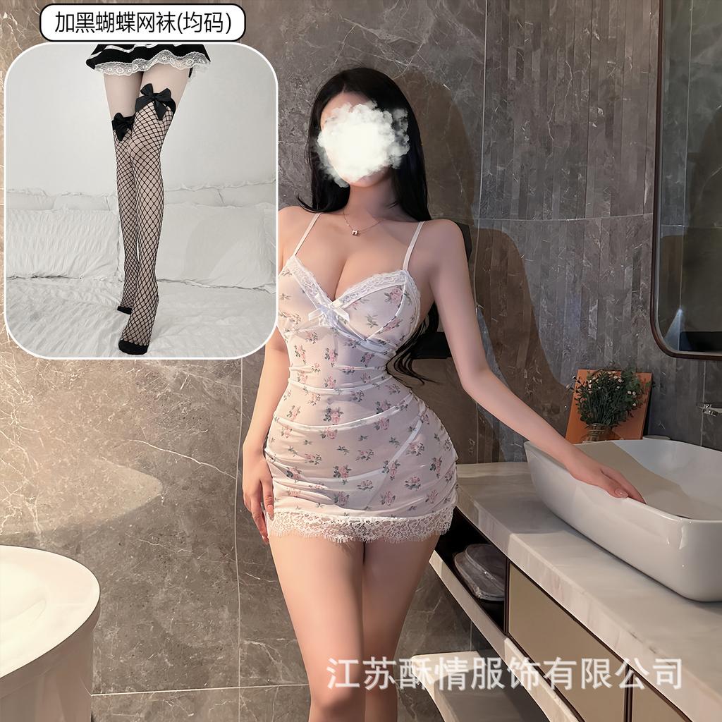 Underwear lace hollow deep V hip skirt sexy perspective mesh floral suspender nightdress
