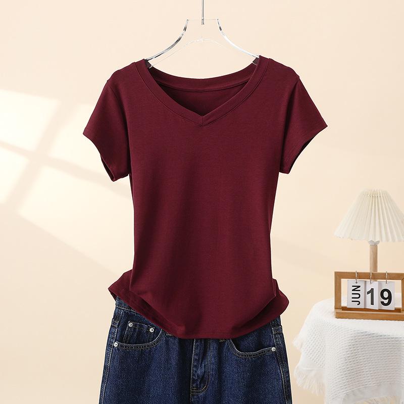 Dames 2025 Zomer Katoen V-Hals Korte Mouw Slankmakend Basic T-Shirt