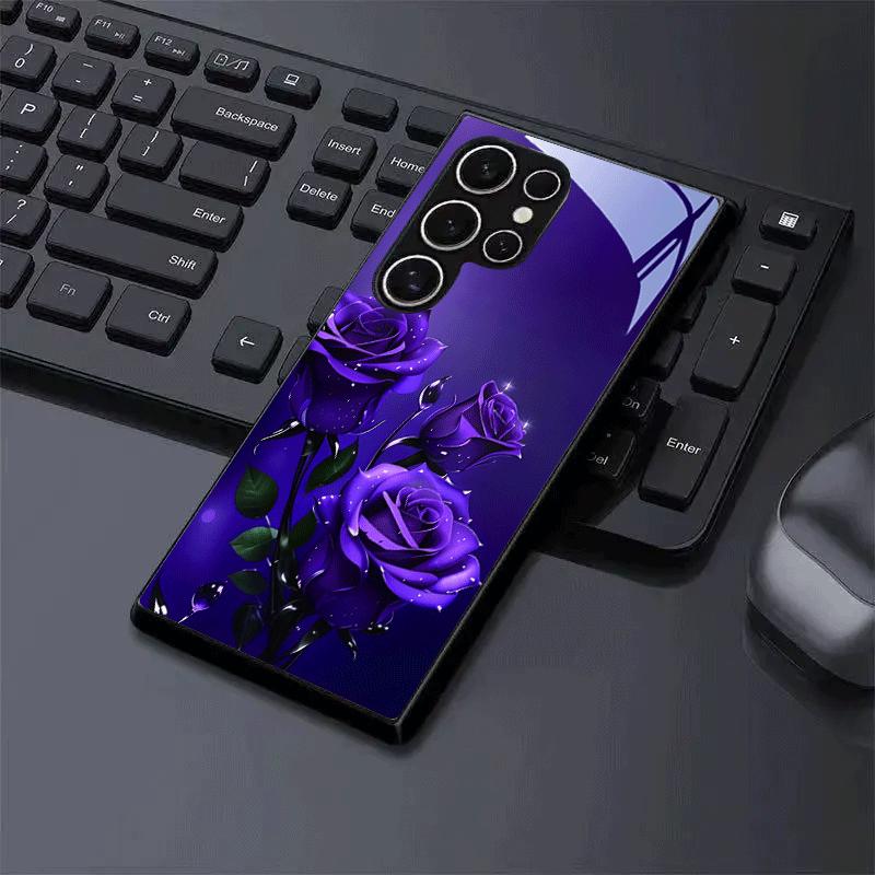 Purple rose pattern black tempered glass phone case suitable for Samsung Galaxy S26 S25 S24 S22 S21 S20 FE/Ultra/Plus anti-fall