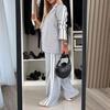 2 Pcs/Set Lady Formal Coat Pants Set Turn-down Collar Single-breasted Long Sleeves Jacket Loose Striped Wide Leg Trousers Casual Daily Wear Commuting