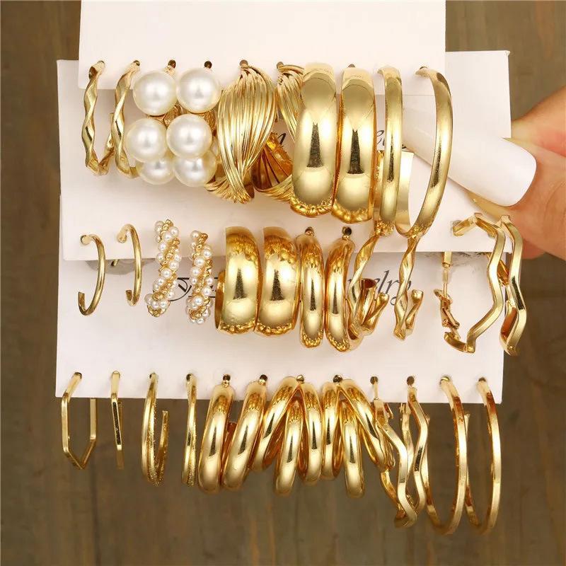 European and American sources Metal earrings C-shaped geometric pearl earrings set combination ins wind earrings