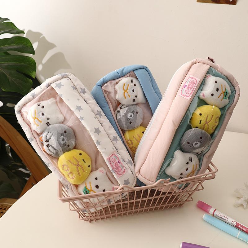 Causal Cute Pencil Case Tranpsarent Windows Badge Pin Displaying Stationery Organizer Large Capacity Pen Bag Back To School