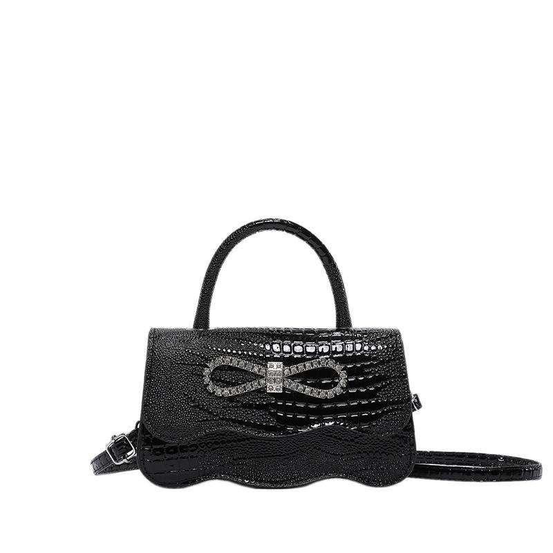 Crocodile Pattern Women'S Bag With Diamond Bow Retro Solid Color Casual Shoulder Crossbody Portable Small Square Bag Tide