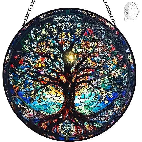 Paw Print Suncatcher Stained Glass Window Hanging - 8” Paw Print Stained Glass Suncatchers for Windows - Sun Catchers Indoor Window with Hooks - Tree of Life