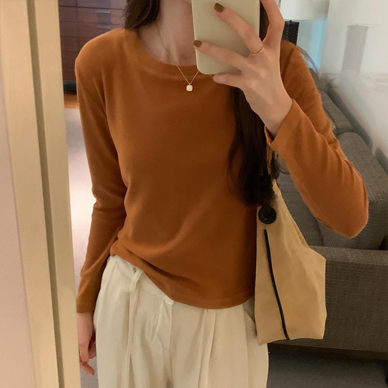 Tricou de bază cu gât rotund și culoare uni pentru femei, Toamnă Nou, Tricou cu mâneci lungi Versatil, Lejer, Casual, Stil coreean, Top interior