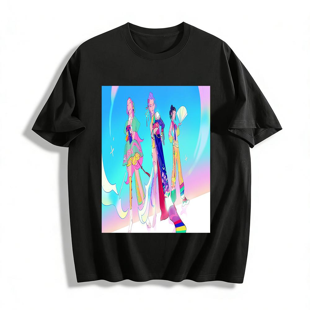 Ancient Style Girl Group Print T-Shirt Trendy Chinese Style Anime Girl Loose Casual Top Pure cotton T-shirt XXS