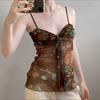 Vintage Druck Kontrastfarben Pure Desire Babes Sexy Netzstichband Tief ausgeschnitten Kleines Hosenträger-Top Damen Vintage Spitze Bustier Romantisches Oberteil