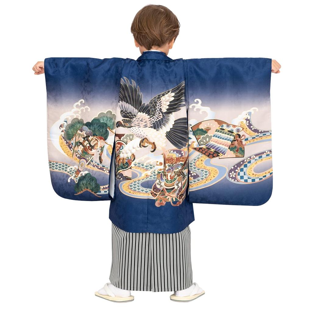 Haori and Hakama Set for Age Auspicious Full Set Striped Black Folding Haori 2 Waist Boys Kabuto Black [KYOETSU] Shichigosan, 5, Eba, Pattern,