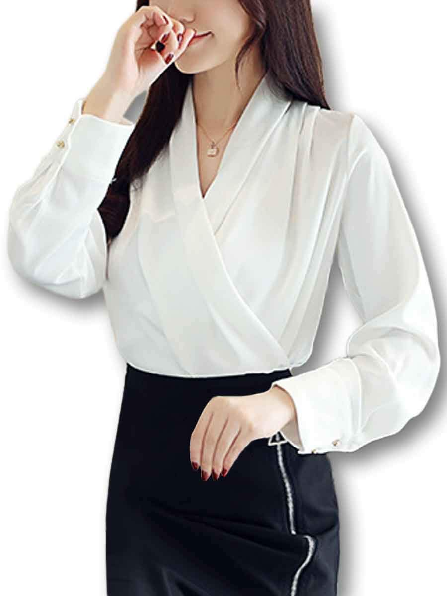 

LUXIA FILL Women s Draped V-Neck Blouse/Shirt, Satin, Loose Fit, Long Sleeves (XL, White)