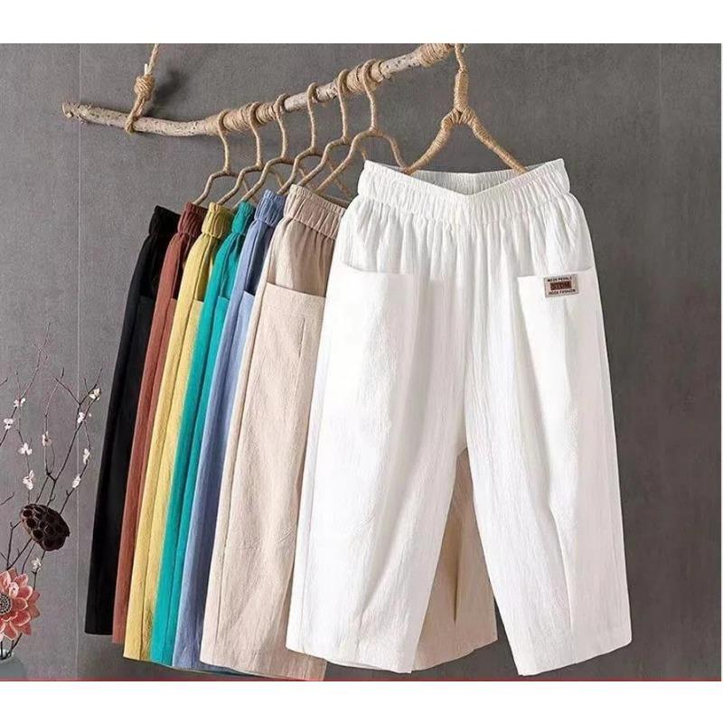 Fashion Casual Women's Loose Cropped Pants Summer Large Size Elastic Waist Solid Color Short Harlan Pants Simple Versatile Office Pockets Trousers