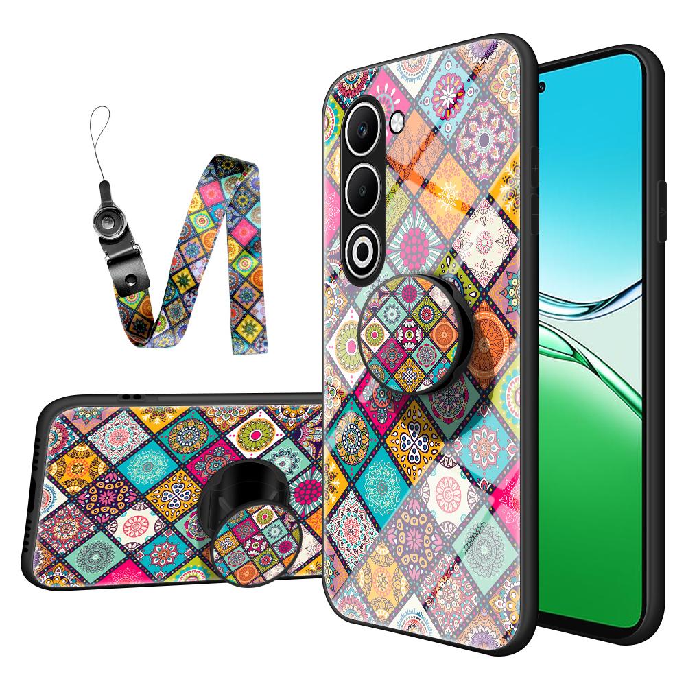 

Для Oppo A5 5G Чехол Подставка Этнический узор Закаленное стекло Чехол для телефона с ремешком Checkered Pattern