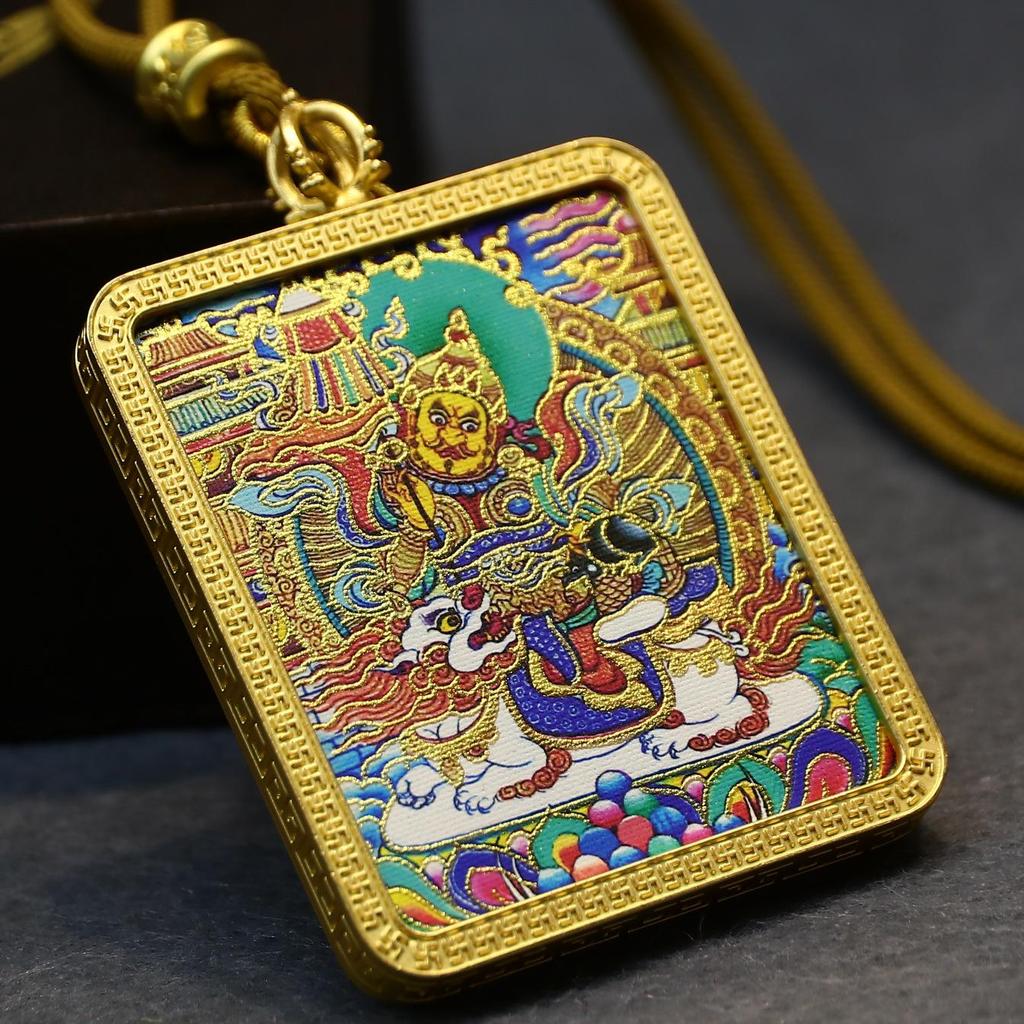 Tibet Mahakala Gold-Plated Thangka Pendant with Yellow Wealth God & Fox Fairy Design