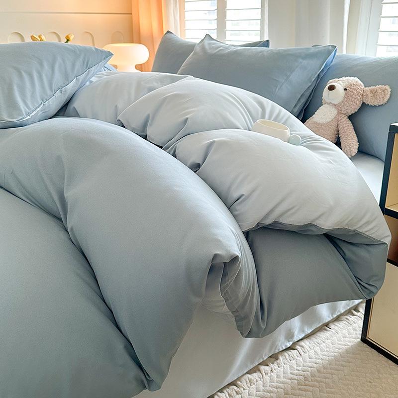 Solid Color Sanded Bedding Set: Four-Piece Set with Quilt Cover and Washed Spring Sheets.