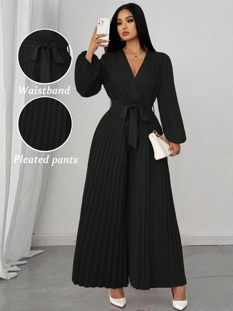 Plus Size Women's Elegant Long-Sleeve Pleated Jumpsuit with Cinched Waist