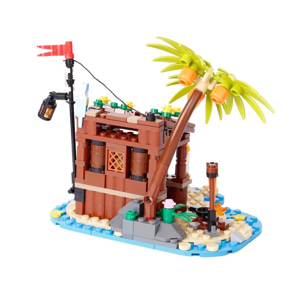 MOC Mittelalterliche Piratenbar Modellbausteine Set Papagei Blockhütte Inselhaus Lagerfeuer Baum Segelboot Schiff Steine Spielzeug Geschenk