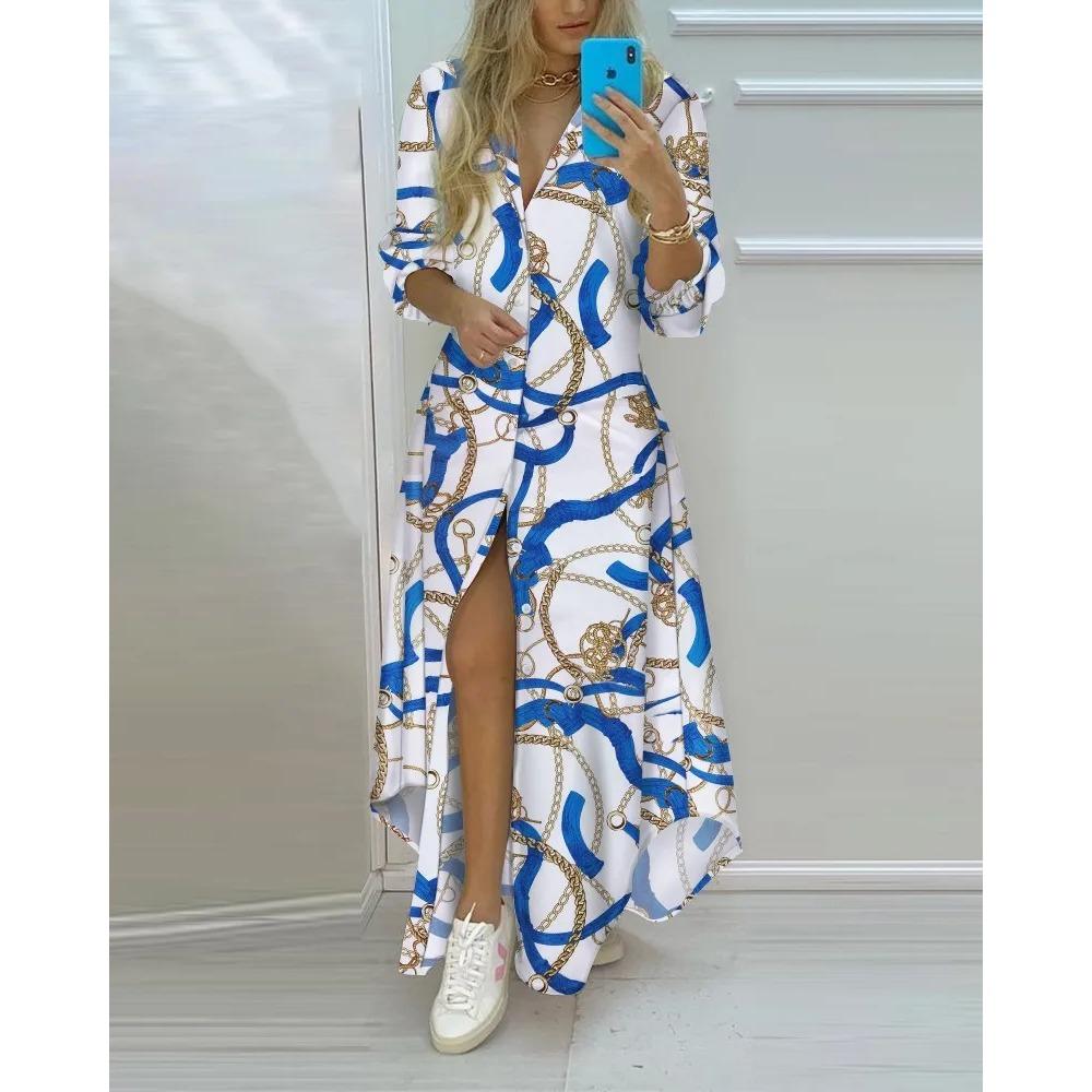 Frühling Herbst Sexy Polokragen-Shirtkleid Damen Langarm Retro-Stil Personalisiertes Druckkleid Lässiges Shirtkleid