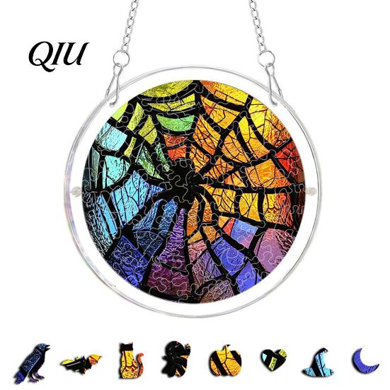 Halloween Puzzle Decoration Acrylic Decor, 2D Ghost Pumpkin Skeleton Hanging Sign, Faux Sign Stained Glass Spooky for Party Home Stress Relief