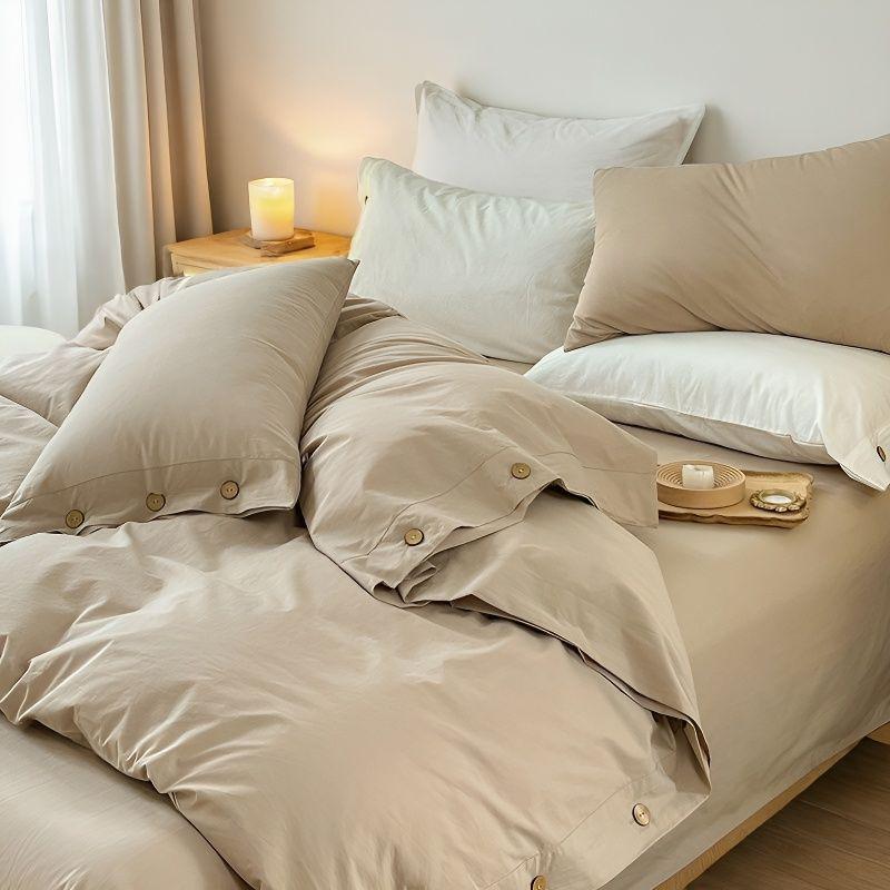 Retro Japanese Style Washable Cotton Bedding Set - Plain Stripe, Button Design, 3-Piece