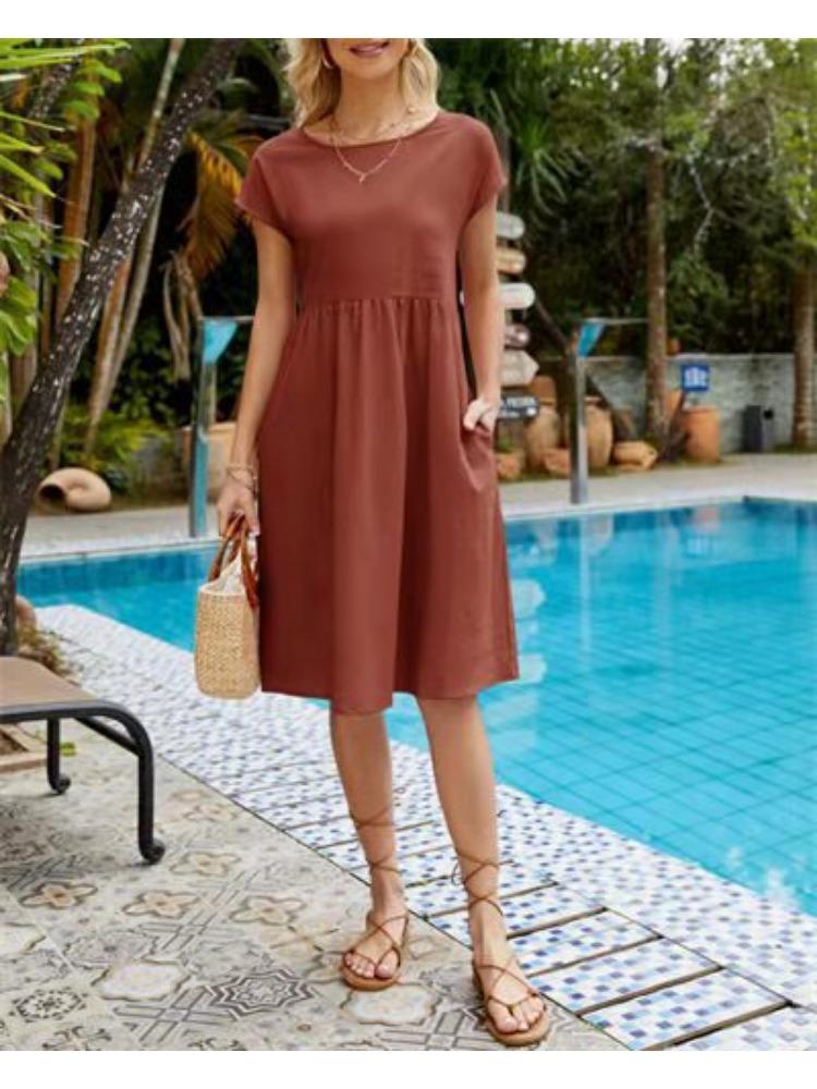 Fashionable Summer Temperament Women's Cotton and Linen Round Neck A-line Skirt, Plus Size Loose Dress