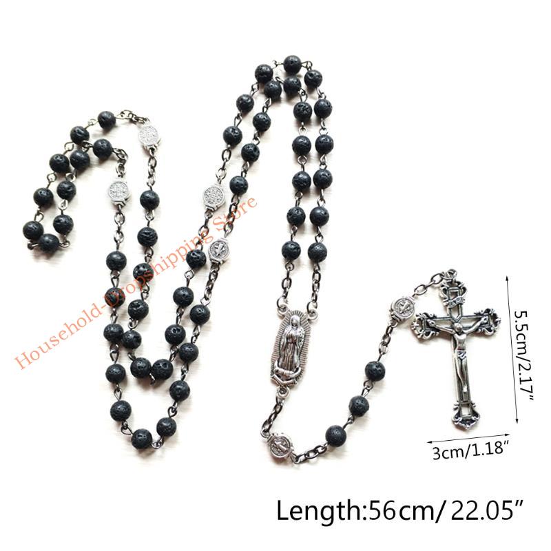 85AD Rosary Beads Long Necklace with Jesus Christ Crucifix for Cross Catholic Prayer Pendant Party Gift for Men Women