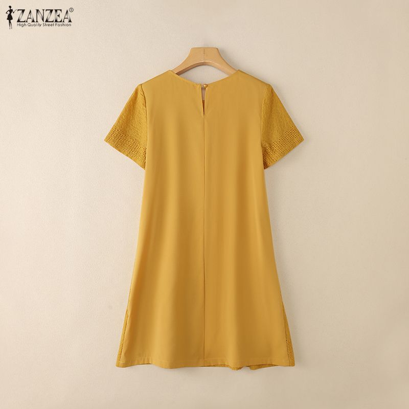 ZANZEA Women Patchwork Casual Round Neck Summer Short Sleeve Dress