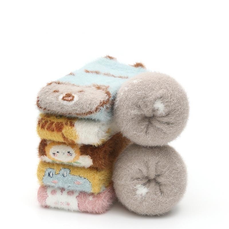 Autumn Winter Sweet Stockings Bowknot Imitation Mink Socks Winter Plush Warm Home Sleeping Socks Cartoon Cute Furry Tube Socks