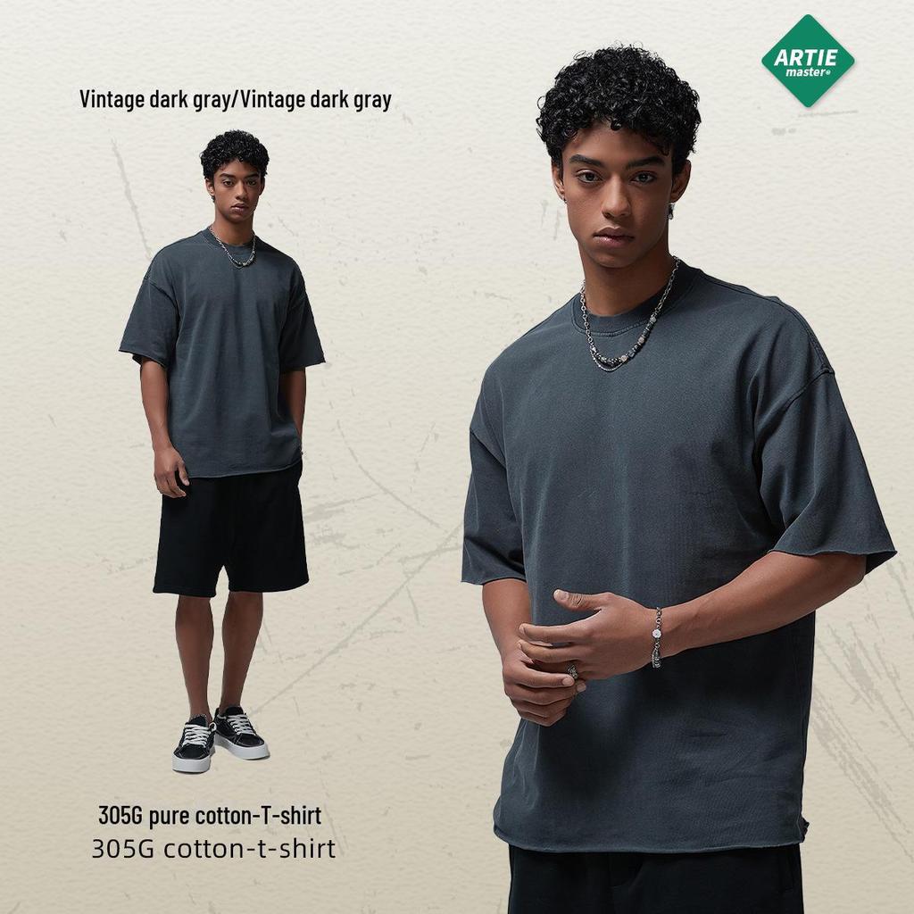 ARTIE Men's 2024 Spring/Summer Vintage Washed Curled Short-Sleeve T-Shirt - American Street Style.