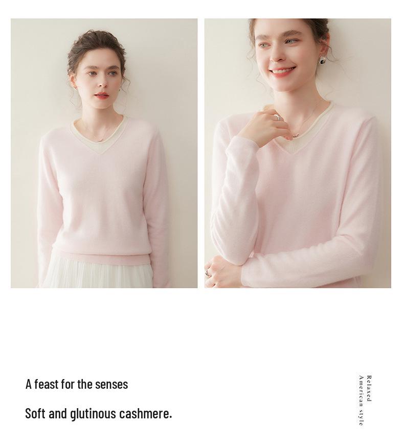 Autumn/Winter 2025 Two-Piece Color Block Cashmere Women's Slimming Knit Pullover