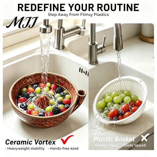 All In One Washing And Draining Bowl Ceramic Berry Swirl Bowl, Self Spinning Fruit Vegetable Cleaner with Healthy Kitchen Essentials for Produce