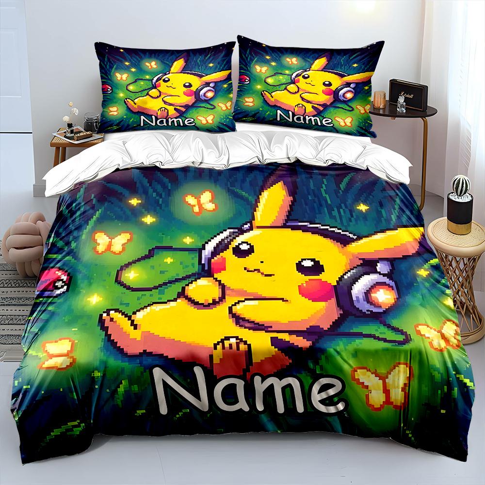 3Pc Personalization Name Custom Pokemon Pixels Printed Cartoon Bedding Set 1 Quilt Cover 2 Pillowcase Gifts For Kids And Adults