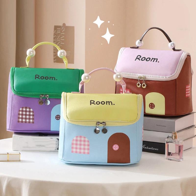 Cute House Shaped Cosmetic Bag Stain Resistant Foldable Space-Saving Makeup Organizer for Travel Home Storage